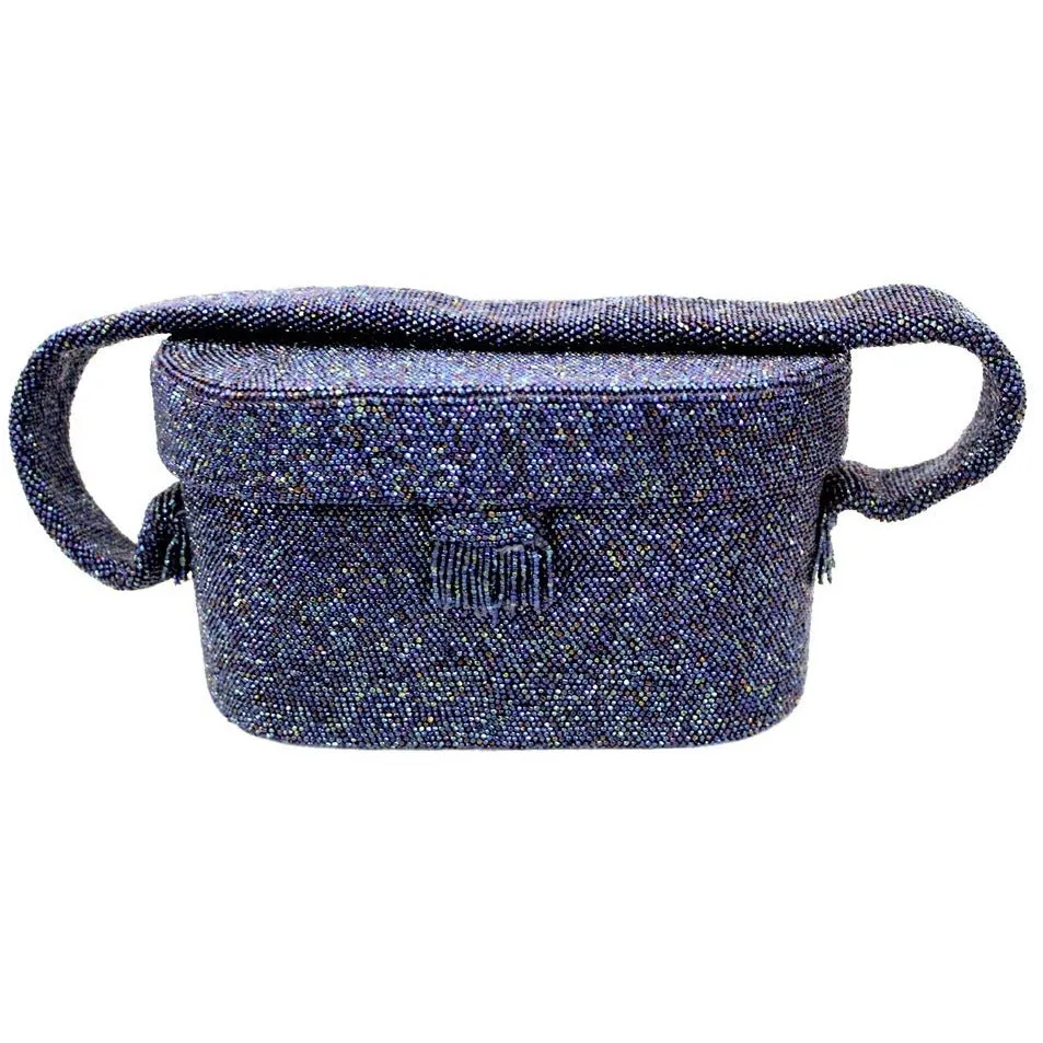 Vintage Box Purse  Midnight Blue Carnival Bead Cocktail Bag 1940S