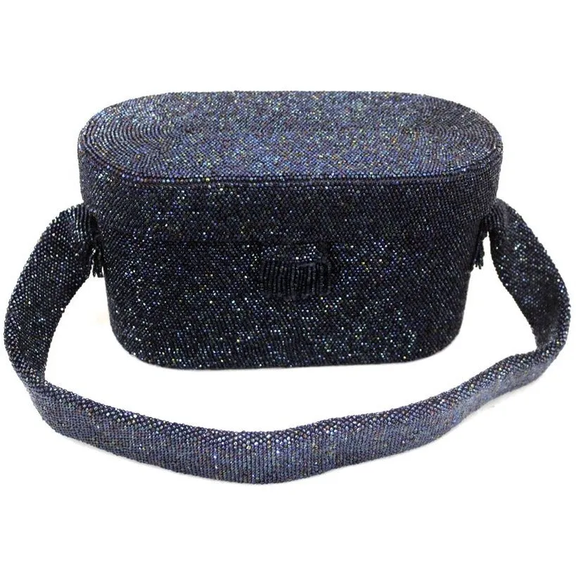 Vintage Box Purse  Midnight Blue Carnival Bead Cocktail Bag 1940S