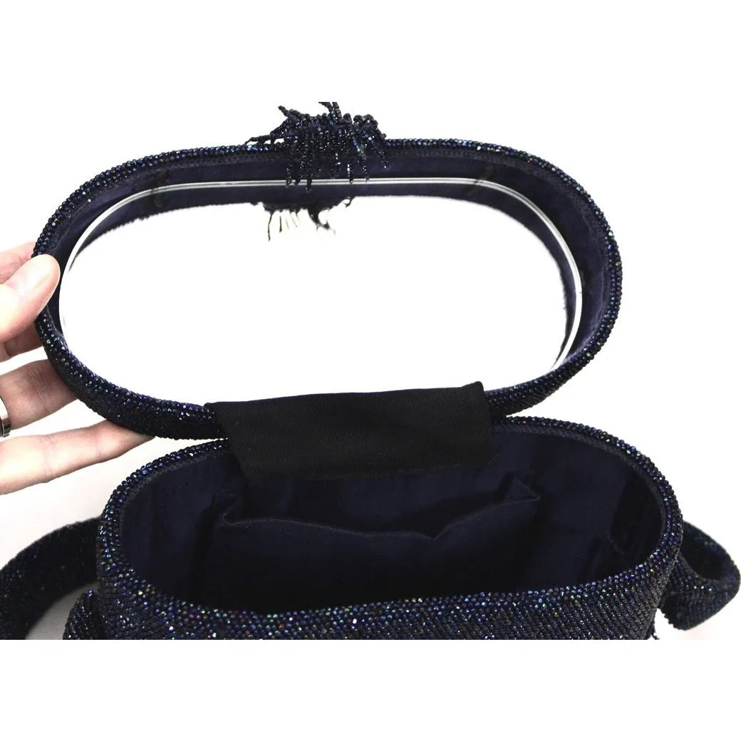 Vintage Box Purse  Midnight Blue Carnival Bead Cocktail Bag 1940S