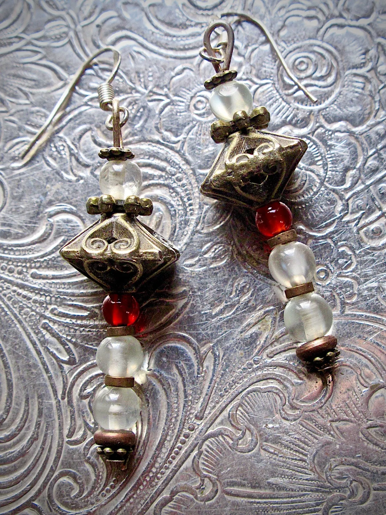 Vintage Bronze, Rock Crystal, Carnelian One of a Kind Dangle Earrings