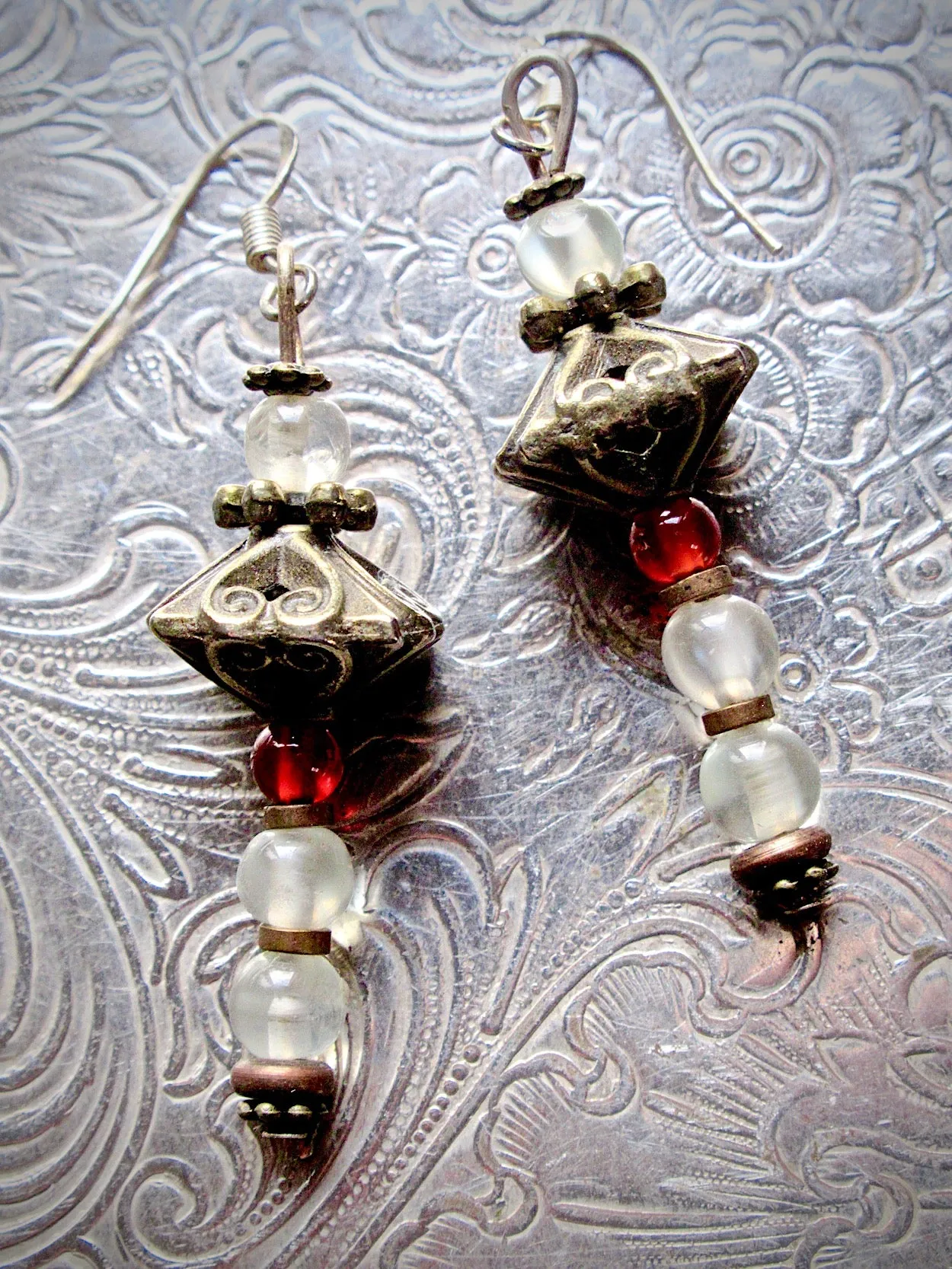 Vintage Bronze, Rock Crystal, Carnelian One of a Kind Dangle Earrings