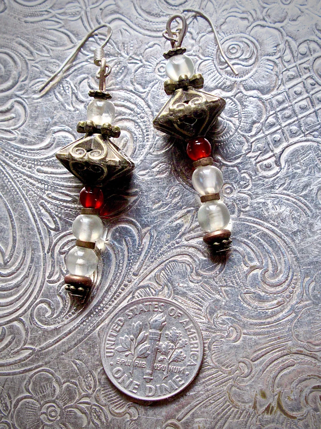 Vintage Bronze, Rock Crystal, Carnelian One of a Kind Dangle Earrings