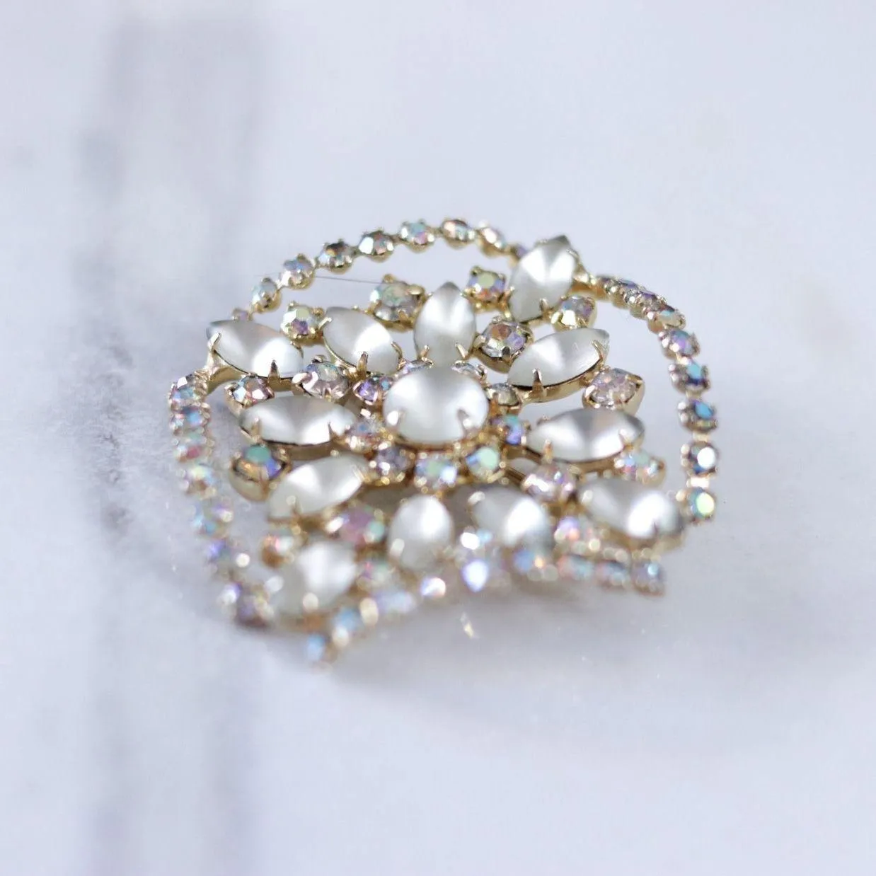 Vintage Champagne Satin Glass and Rhinestone Brooch
