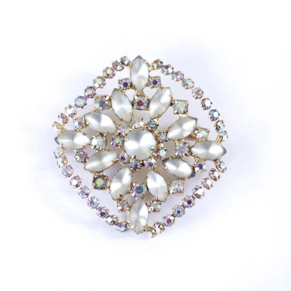 Vintage Champagne Satin Glass and Rhinestone Brooch