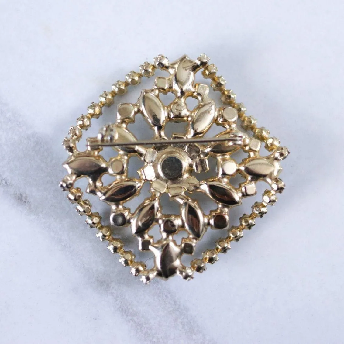 Vintage Champagne Satin Glass and Rhinestone Brooch