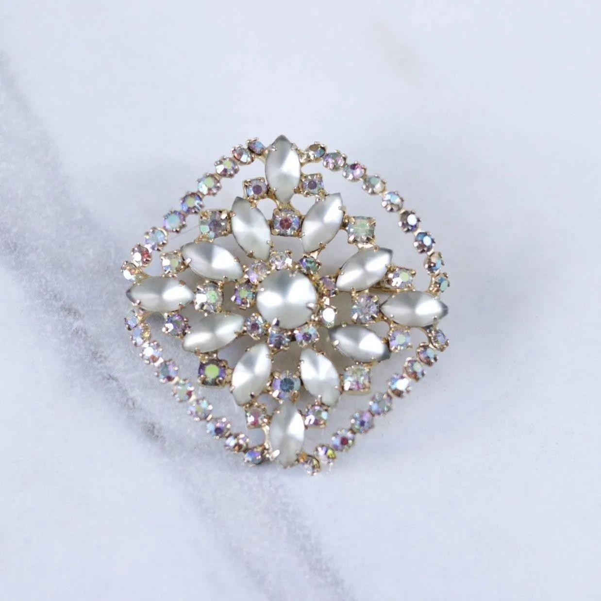 Vintage Champagne Satin Glass and Rhinestone Brooch