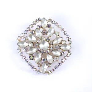 Vintage Champagne Satin Glass and Rhinestone Brooch