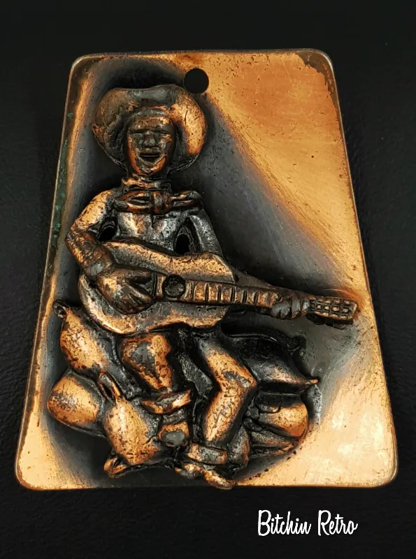 Vintage Copper Pendant Necklace Cowboy and Guitar Western Style
