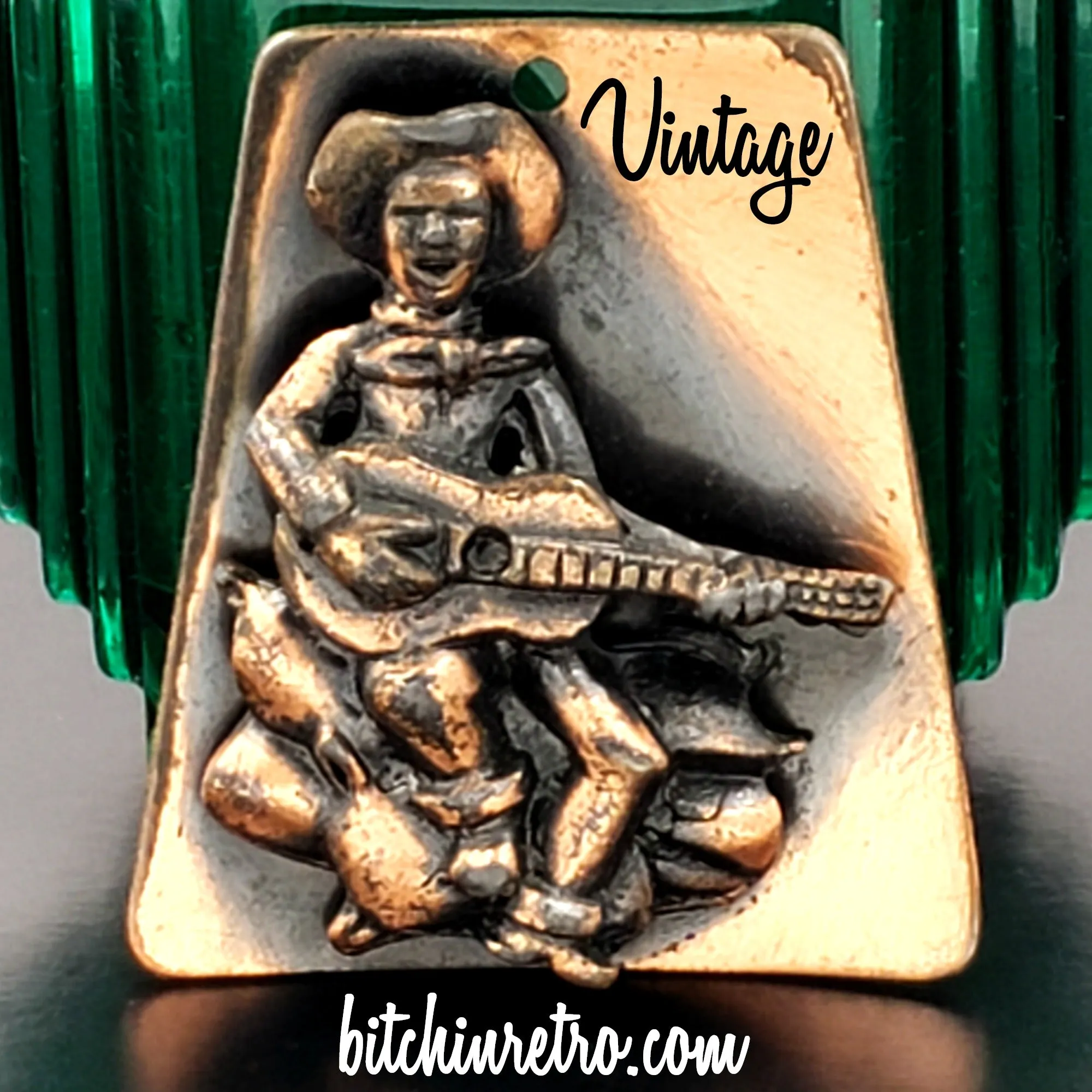 Vintage Copper Pendant Necklace Cowboy and Guitar Western Style