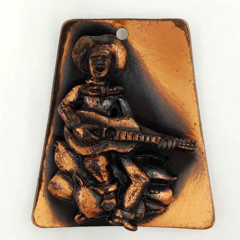 Vintage Copper Pendant Necklace Cowboy and Guitar Western Style