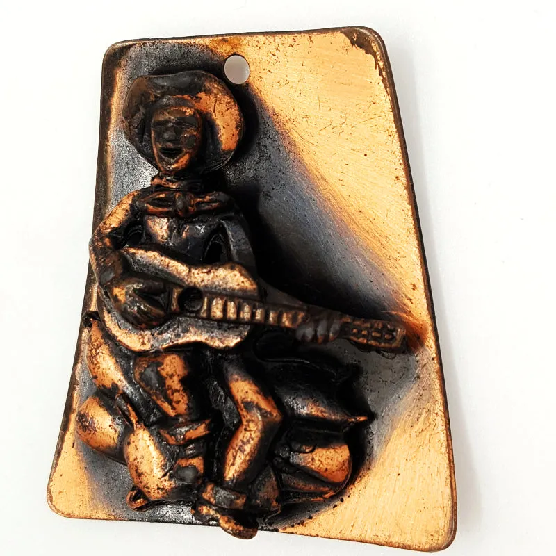 Vintage Copper Pendant Necklace Cowboy and Guitar Western Style