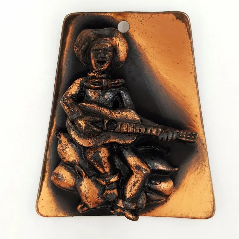 Vintage Copper Pendant Necklace Cowboy and Guitar Western Style