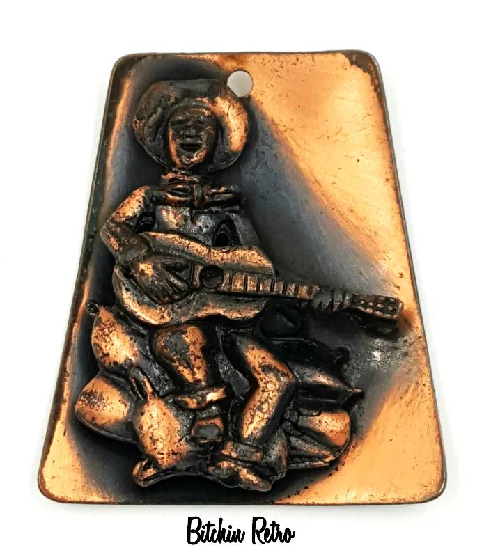 Vintage Copper Pendant Necklace Cowboy and Guitar Western Style