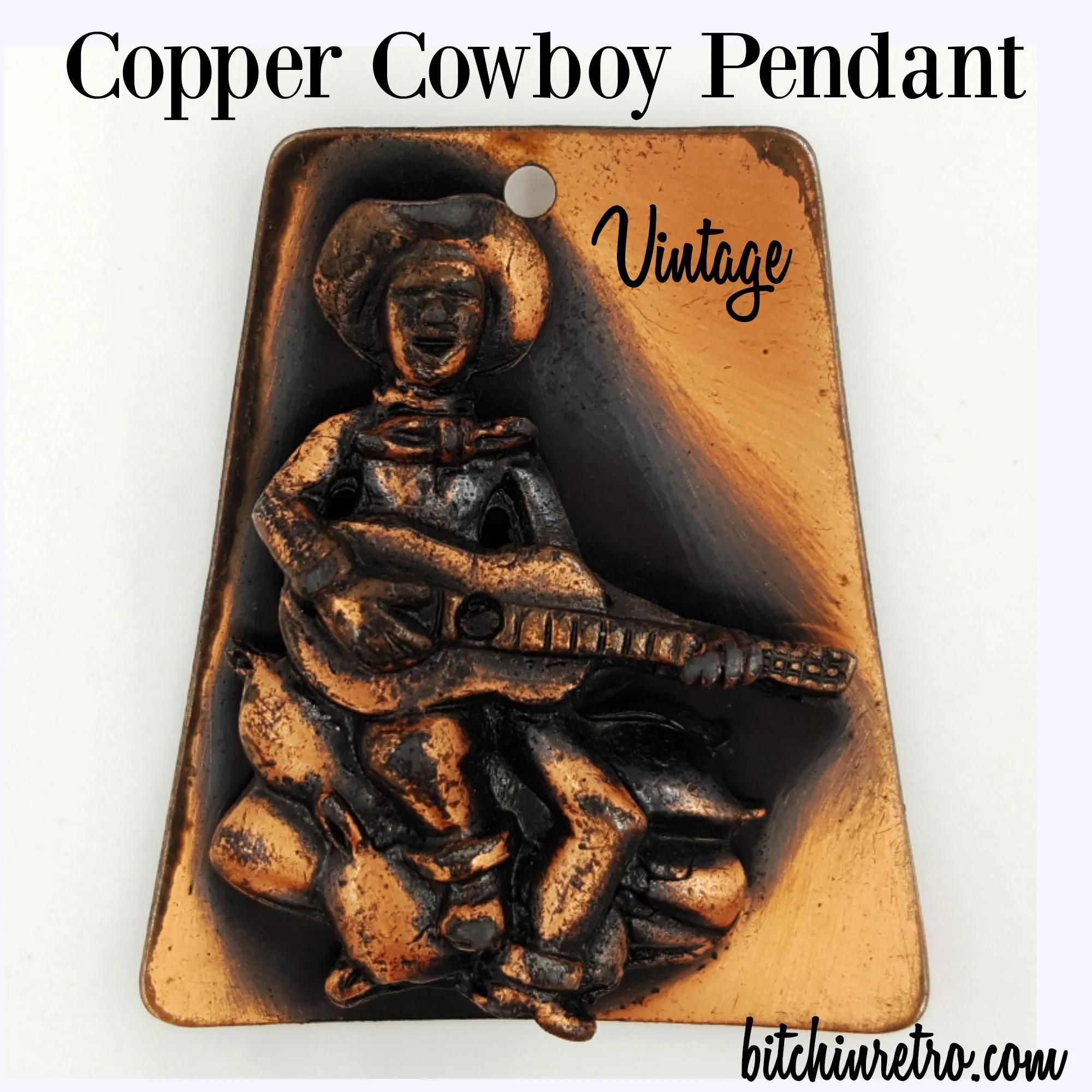 Vintage Copper Pendant Necklace Cowboy and Guitar Western Style