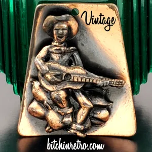 Vintage Copper Pendant Necklace Cowboy and Guitar Western Style