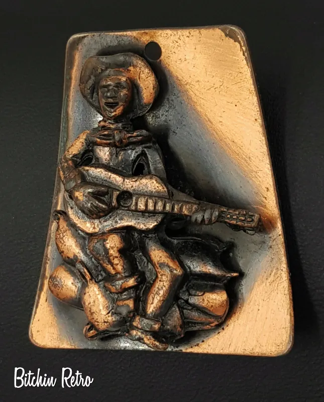 Vintage Copper Pendant Necklace Cowboy and Guitar Western Style