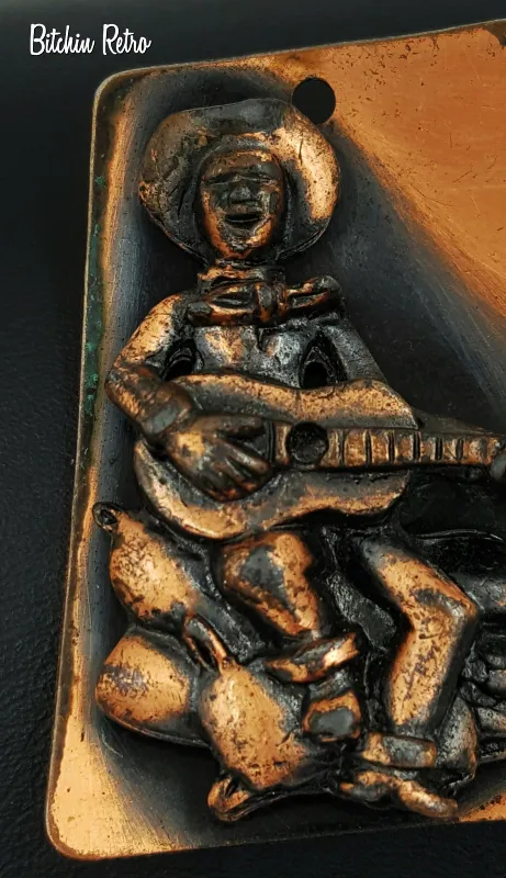 Vintage Copper Pendant Necklace Cowboy and Guitar Western Style
