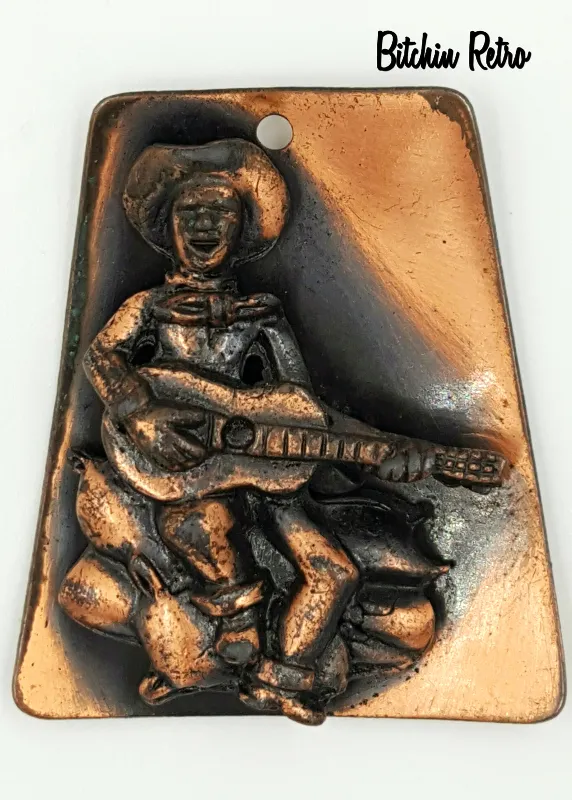 Vintage Copper Pendant Necklace Cowboy and Guitar Western Style