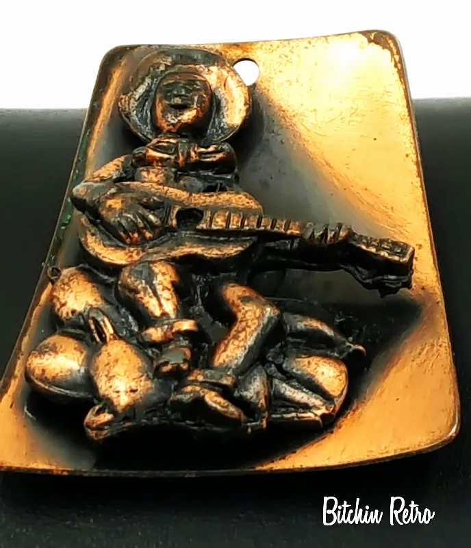 Vintage Copper Pendant Necklace Cowboy and Guitar Western Style