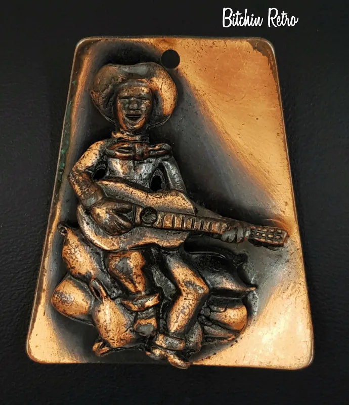 Vintage Copper Pendant Necklace Cowboy and Guitar Western Style