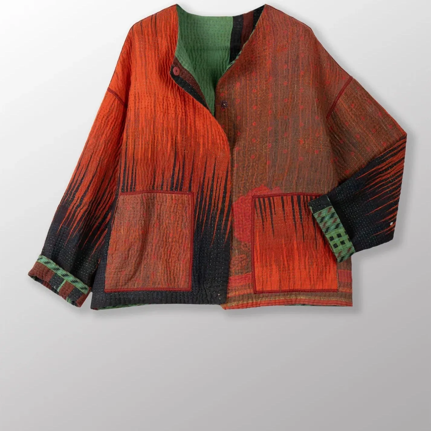 Vintage Cotton Kantha Crew Neck Short Jacket