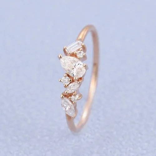 Vintage Moissanite engagement ring rose gold Unique Pear shaped diamond Cluster engagement ring Baguette cut for women art deco Promise gift