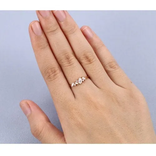 Vintage Moissanite engagement ring rose gold Unique Pear shaped diamond Cluster engagement ring Baguette cut for women art deco Promise gift