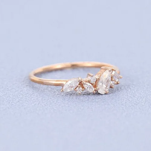 Vintage Moissanite engagement ring rose gold Unique Pear shaped diamond Cluster engagement ring Baguette cut for women art deco Promise gift