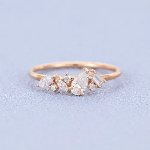 Vintage Moissanite engagement ring rose gold Unique Pear shaped diamond Cluster engagement ring Baguette cut for women art deco Promise gift