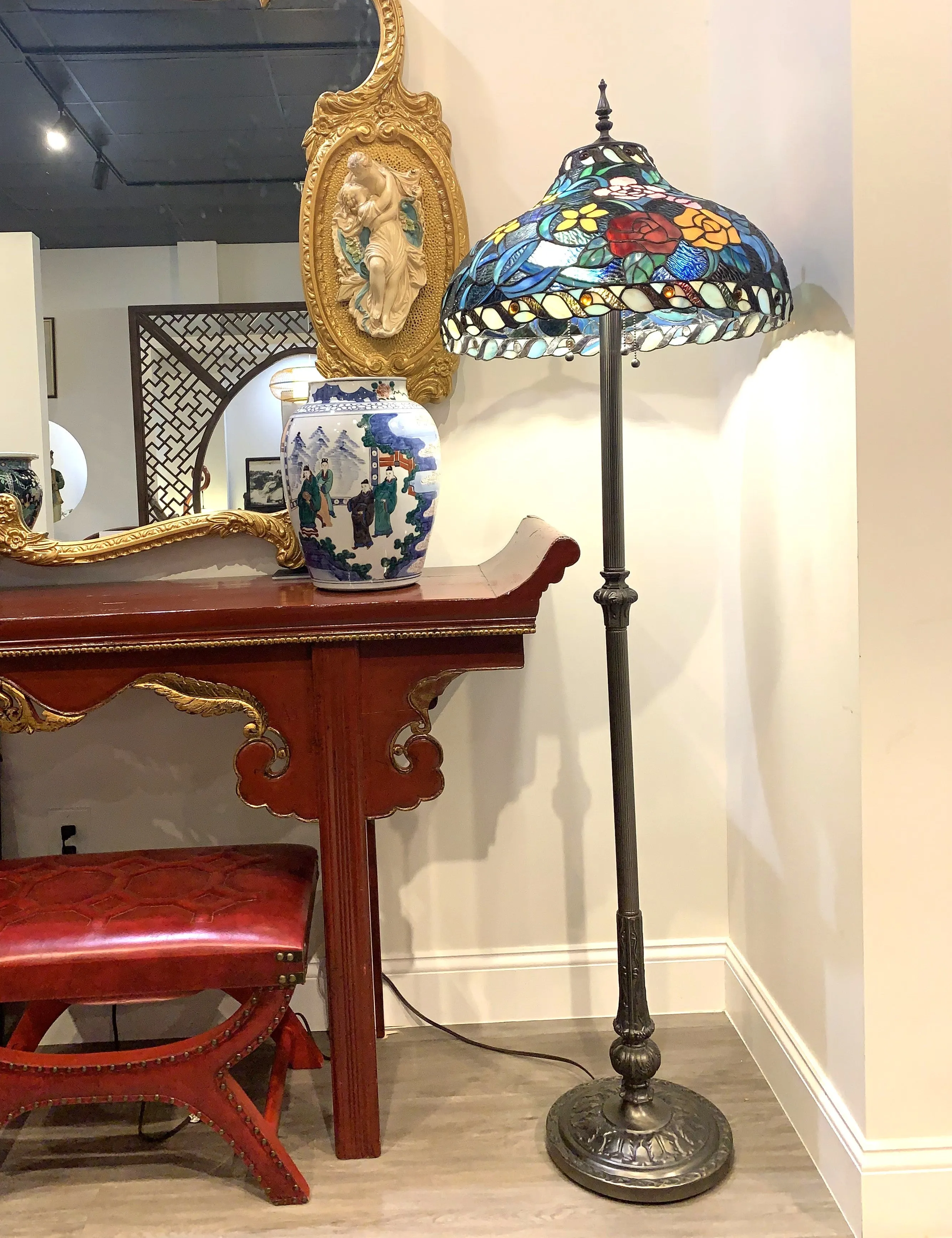 Vintage Tiffany Style Medal Floor Lamp