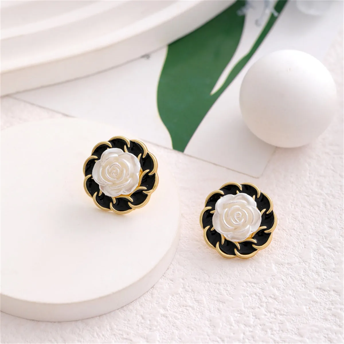 White & Black Camellia Stud Earrings
