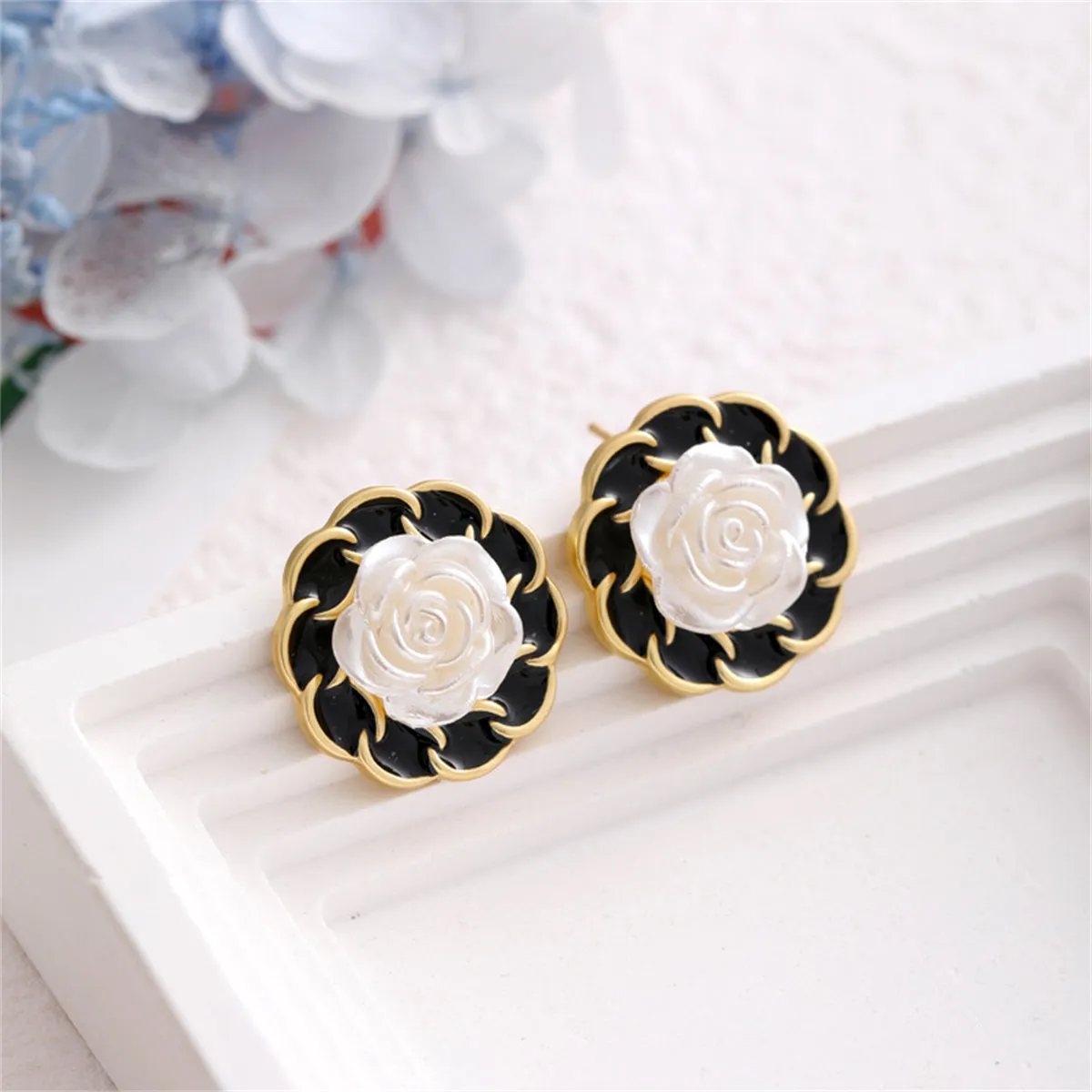 White & Black Camellia Stud Earrings