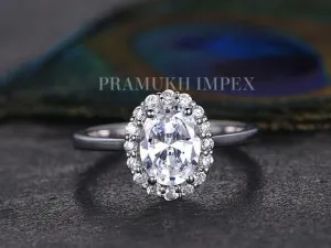 White Gold vintage unique Flower Oval Cut Moissanite Halo engagement ring for women art deco diamond Cluster wedding Anniversary gift 1.98CT