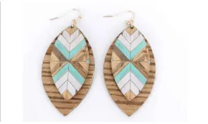 Wild Flower Turquoise Aztec Print Wood Earrings