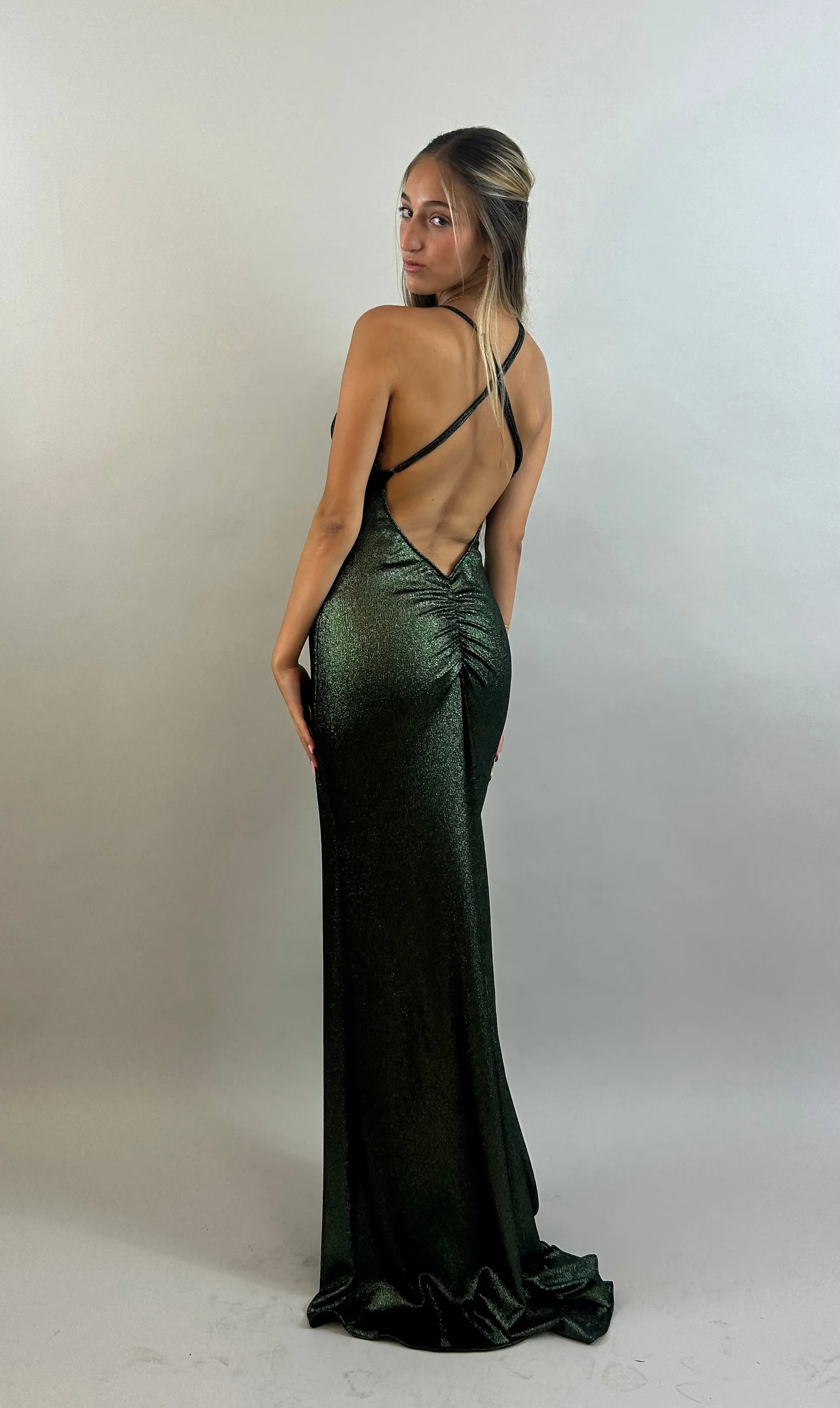 Yuli - Dark Green V-Neck Satin Evening Dress