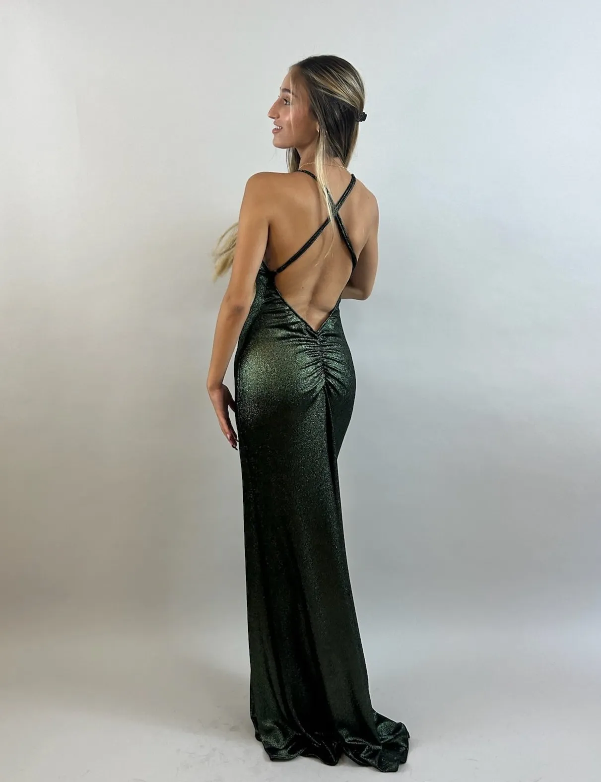 Yuli - Dark Green V-Neck Satin Evening Dress