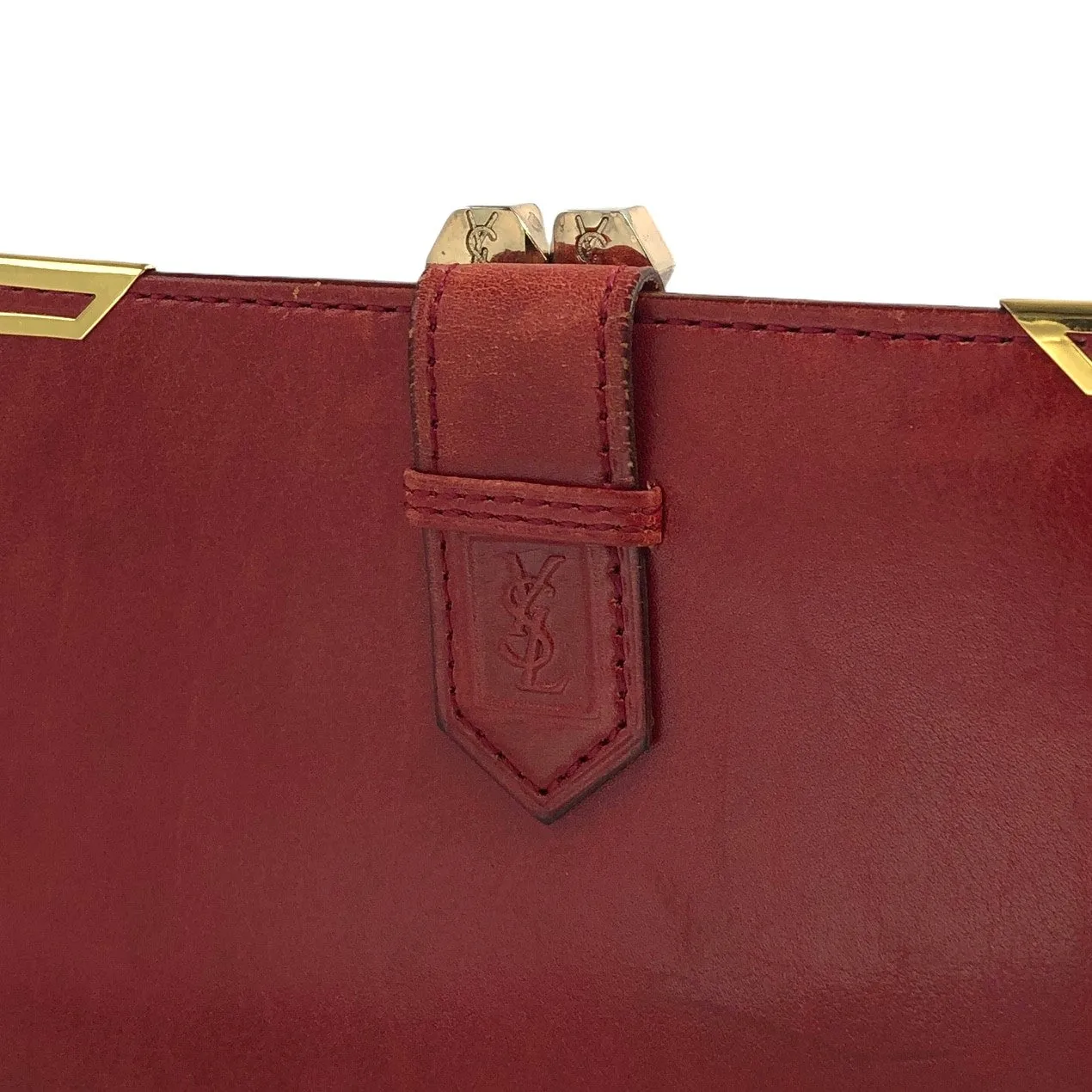 Yves Saint Laurent YSL Logo Leather Metal Clasp Folded Wallet Red Vintage 84va6b