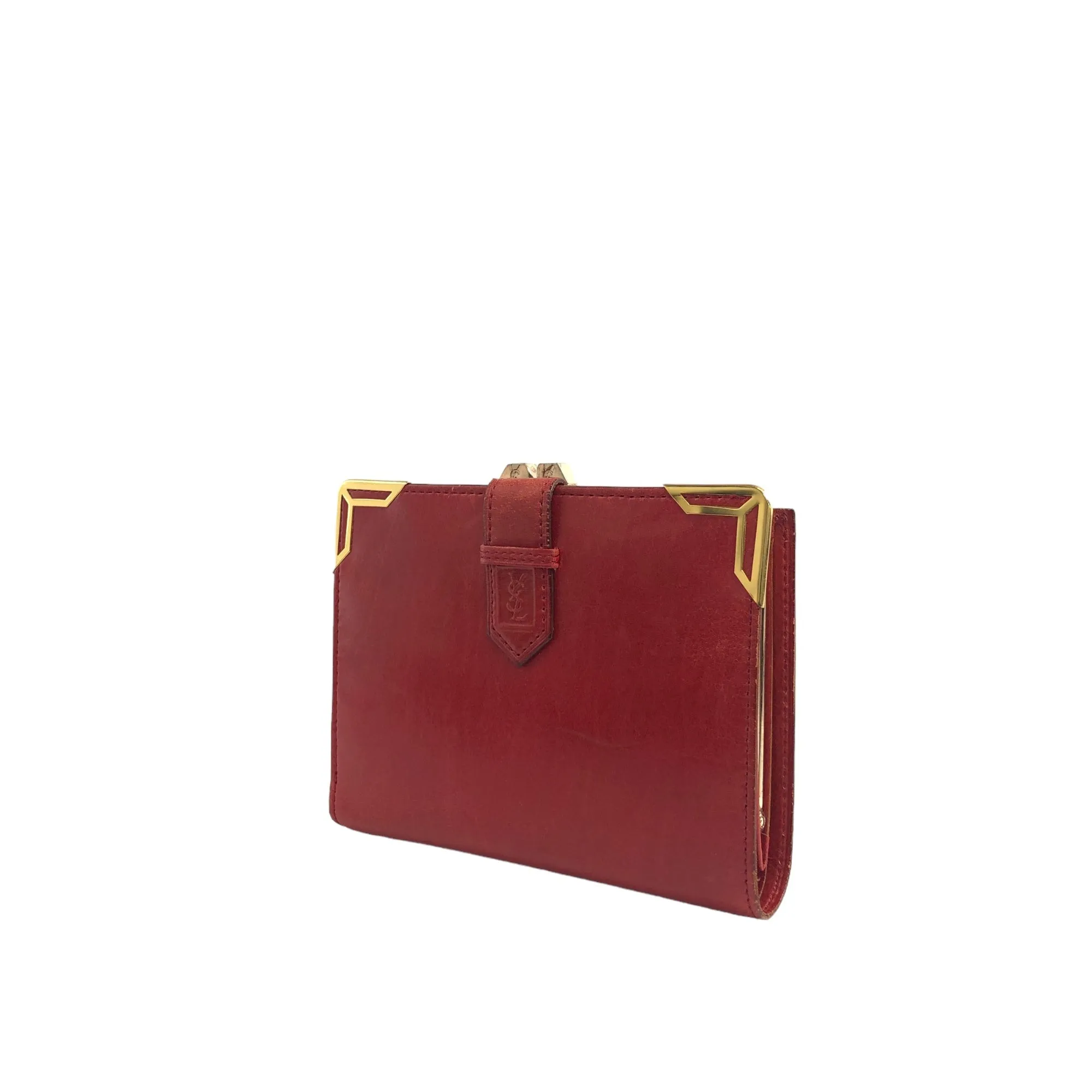 Yves Saint Laurent YSL Logo Leather Metal Clasp Folded Wallet Red Vintage 84va6b