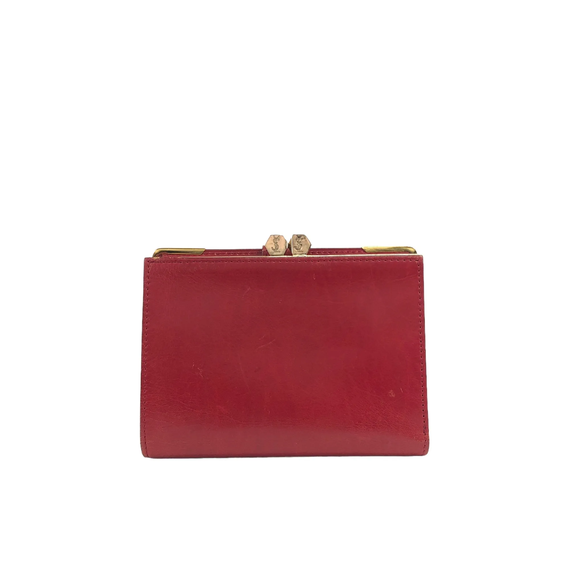 Yves Saint Laurent YSL Logo Leather Metal Clasp Folded Wallet Red Vintage 84va6b