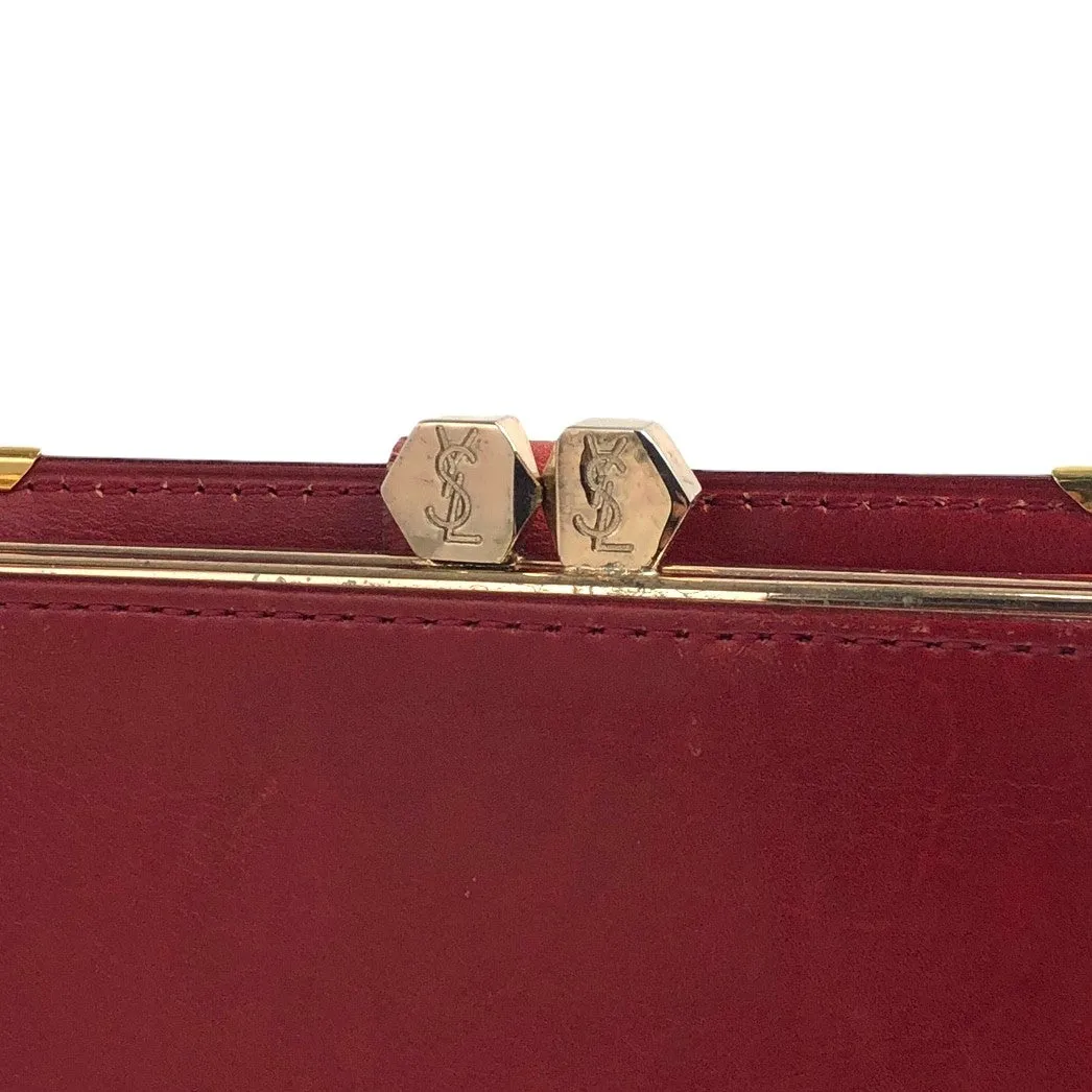 Yves Saint Laurent YSL Logo Leather Metal Clasp Folded Wallet Red Vintage 84va6b