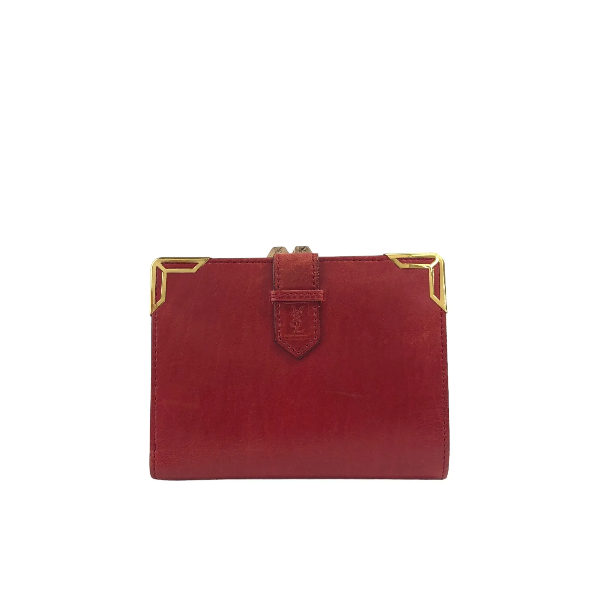 Yves Saint Laurent YSL Logo Leather Metal Clasp Folded Wallet Red Vintage 84va6b