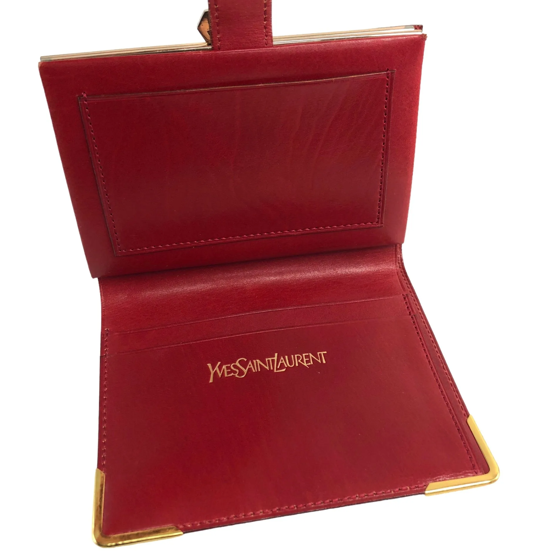 Yves Saint Laurent YSL Logo Leather Metal Clasp Folded Wallet Red Vintage 84va6b